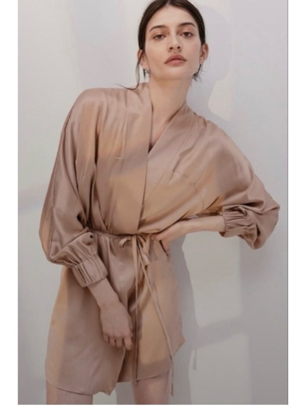 Lunya  Long Sleeve Silk Robe in CHAMPAGNE / Otium Tan Sz M